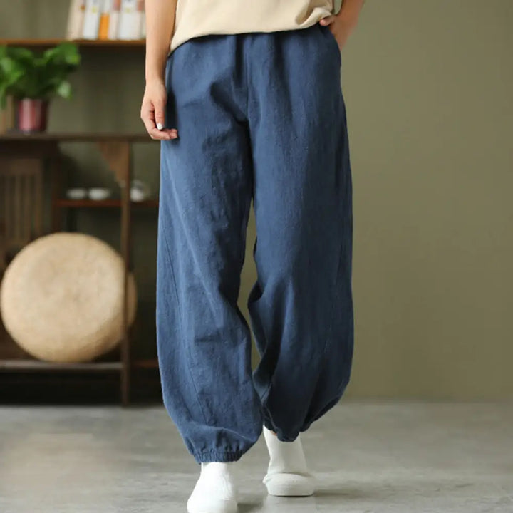 Buddha Stones Plain Color Ramie Linen Cotton Pants With Pockets - SteelBlue / US2，UK/AU6，EU34 (S) - Women’s Pants