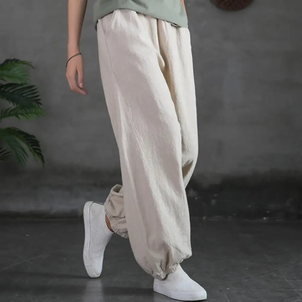 Buddha Stones Plain Color Ramie Linen Cotton Pants With Pockets - Linen / US2，UK/AU6，EU34 (S) - Women’s Pants