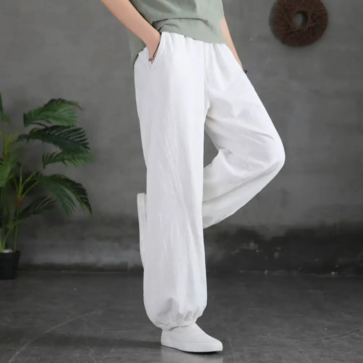 Buddha Stones Plain Color Ramie Linen Cotton Pants With Pockets - White / US2，UK/AU6，EU34 (S) - Women’s Pants