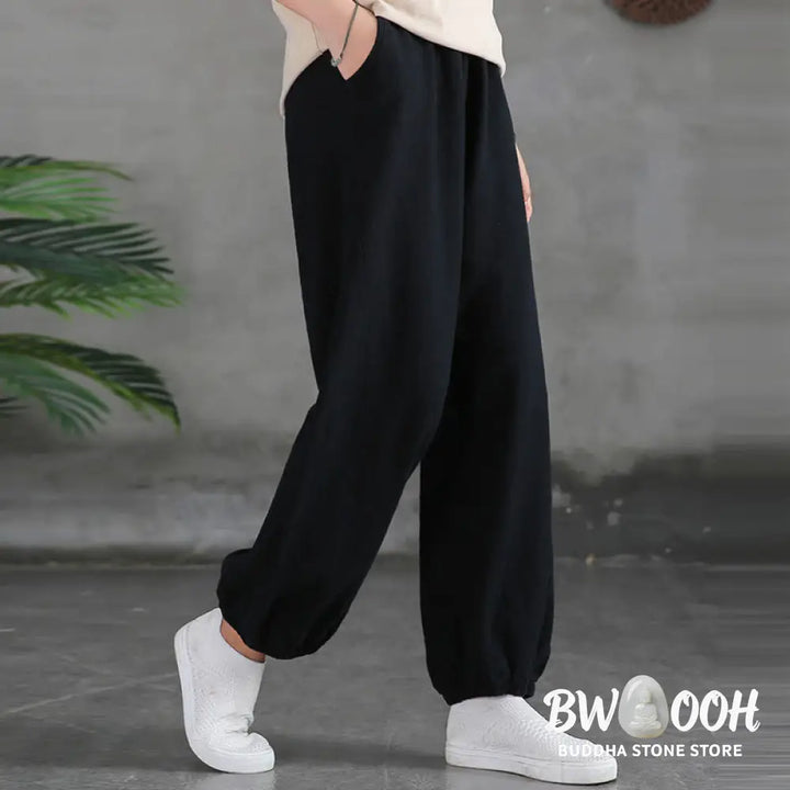 Buddha Stones Plain Color Ramie Linen Cotton Pants With Pockets - Women’s Pants