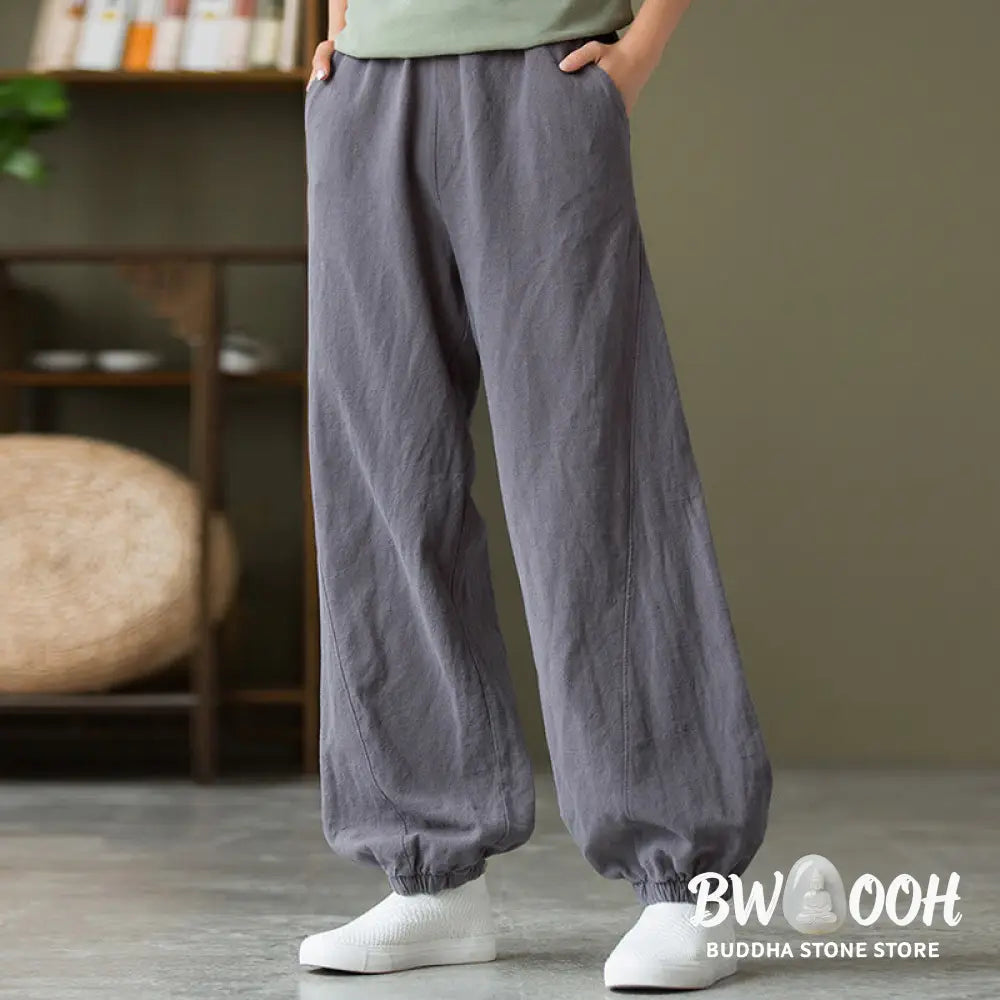 Buddha Stones Plain Color Ramie Linen Cotton Pants With Pockets - Women’s Pants