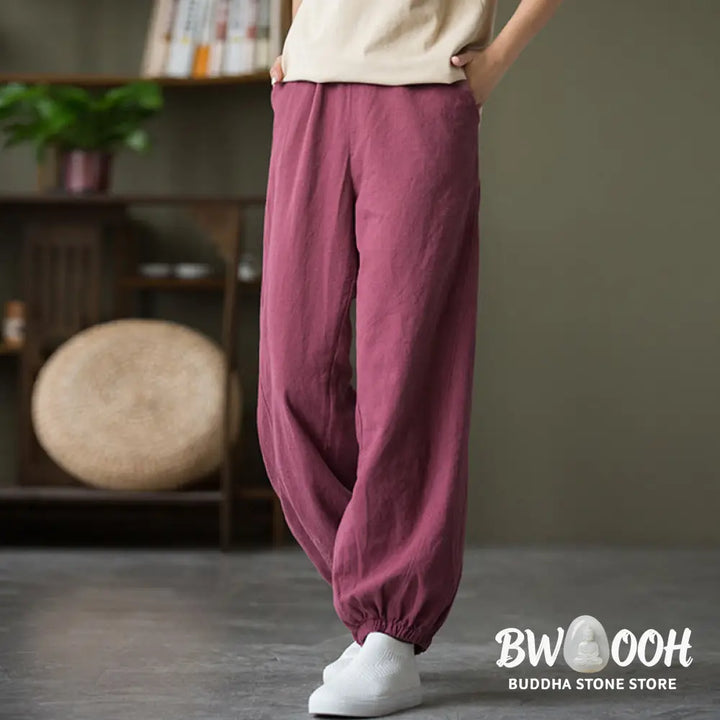 Buddha Stones Plain Color Ramie Linen Cotton Pants With Pockets - Women’s Pants