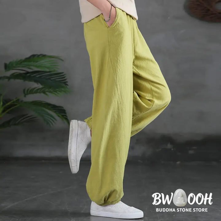 Buddha Stones Plain Color Ramie Linen Cotton Pants With Pockets - Women’s Pants