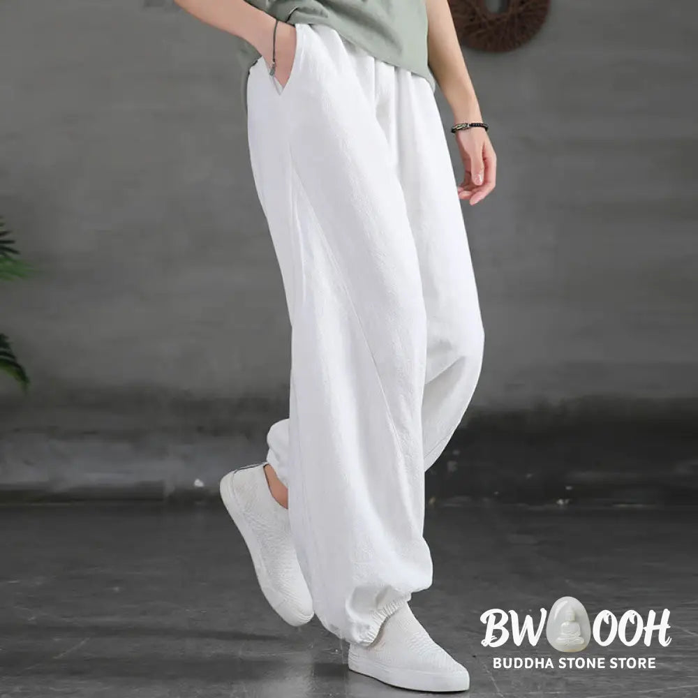 Buddha Stones Plain Color Ramie Linen Cotton Pants With Pockets - Women’s Pants