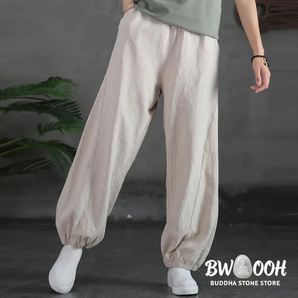 Buddha Stones Plain Color Ramie Linen Cotton Pants With Pockets - Women’s Pants