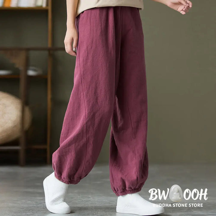 Buddha Stones Plain Color Ramie Linen Cotton Pants With Pockets - Women’s Pants
