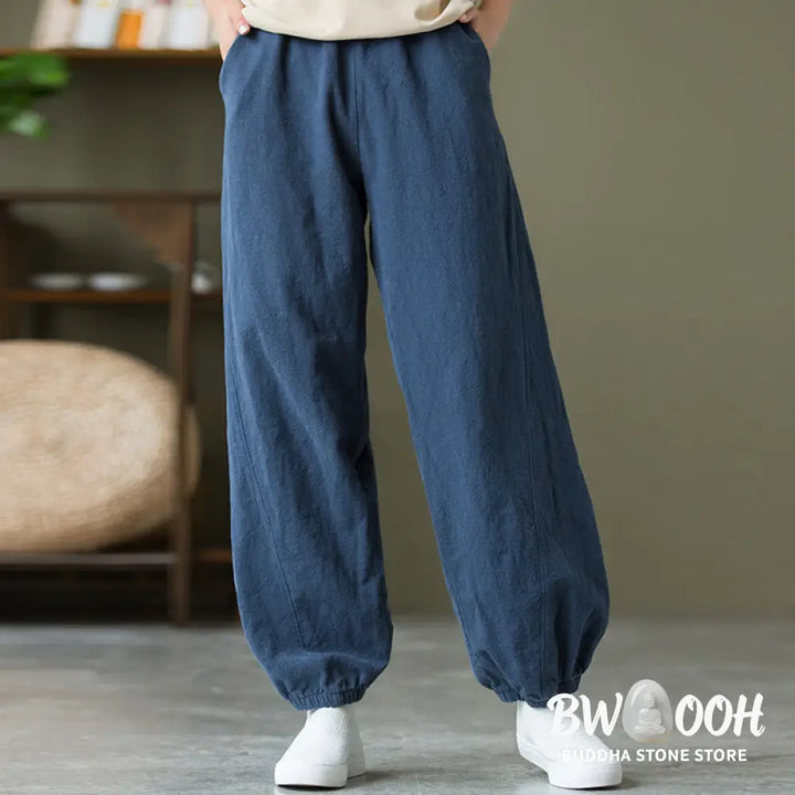Buddha Stones Plain Color Ramie Linen Cotton Pants With Pockets - Women’s Pants