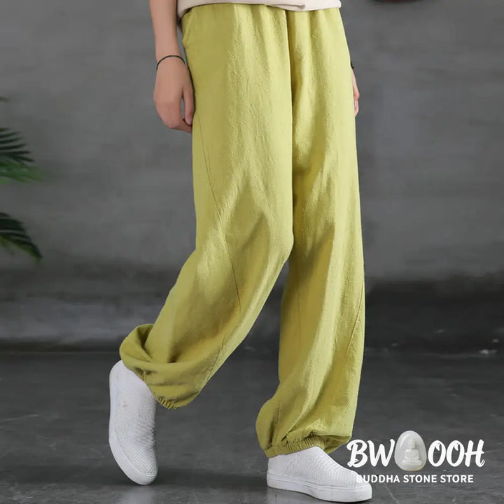 Buddha Stones Plain Color Ramie Linen Cotton Pants With Pockets - Women’s Pants