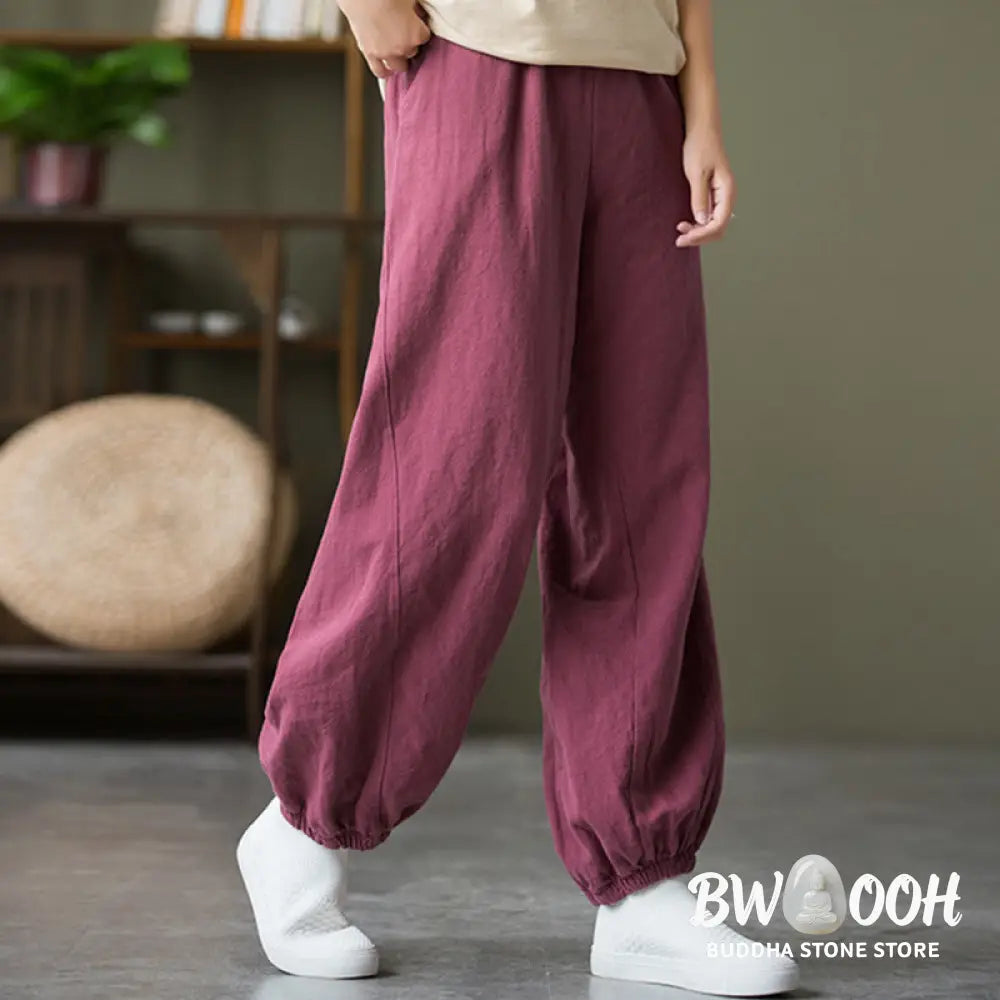 Buddha Stones Plain Color Ramie Linen Cotton Pants With Pockets - Women’s Pants