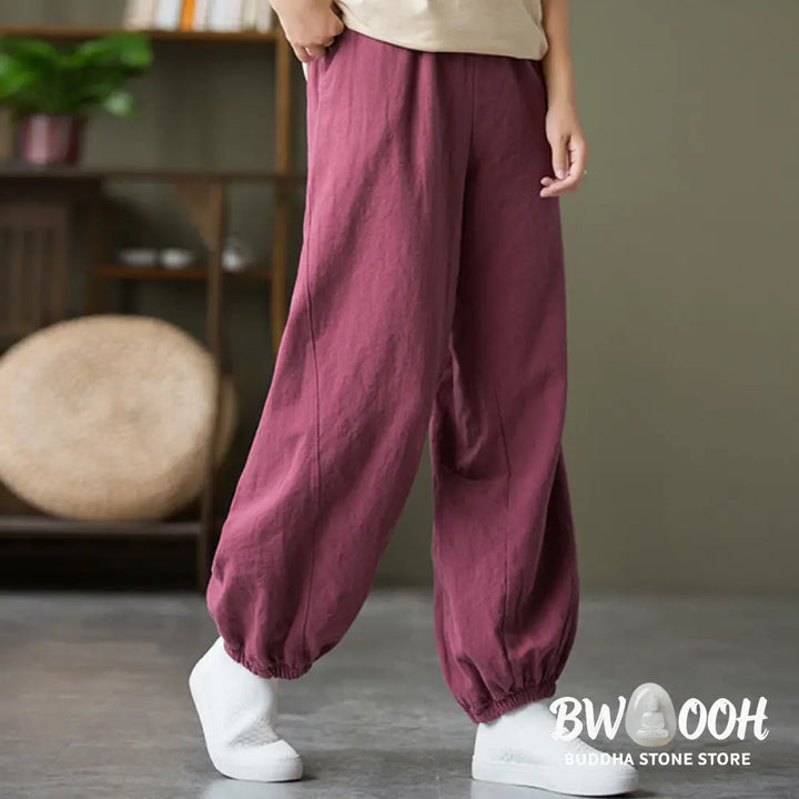 Buddha Stones Plain Color Ramie Linen Cotton Pants With Pockets - Women’s Pants