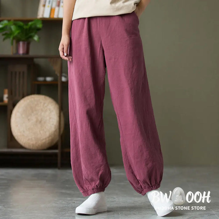 Buddha Stones Plain Color Ramie Linen Cotton Pants With Pockets - Women’s Pants