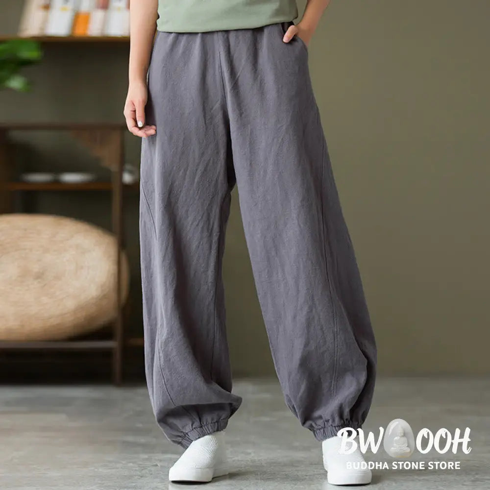 Buddha Stones Plain Color Ramie Linen Cotton Pants With Pockets - Women’s Pants