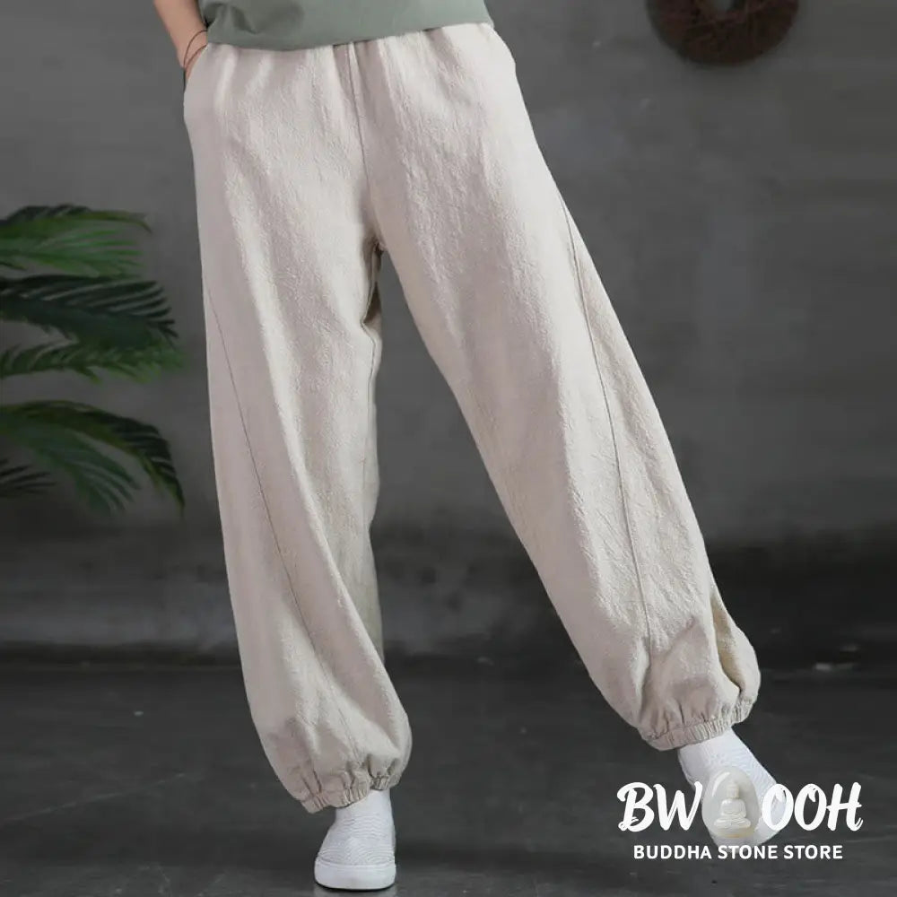 Buddha Stones Plain Color Ramie Linen Cotton Pants With Pockets - Women’s Pants