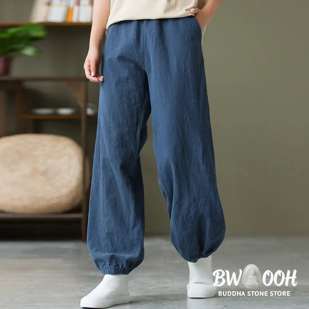 Buddha Stones Plain Color Ramie Linen Cotton Pants With Pockets - Women’s Pants