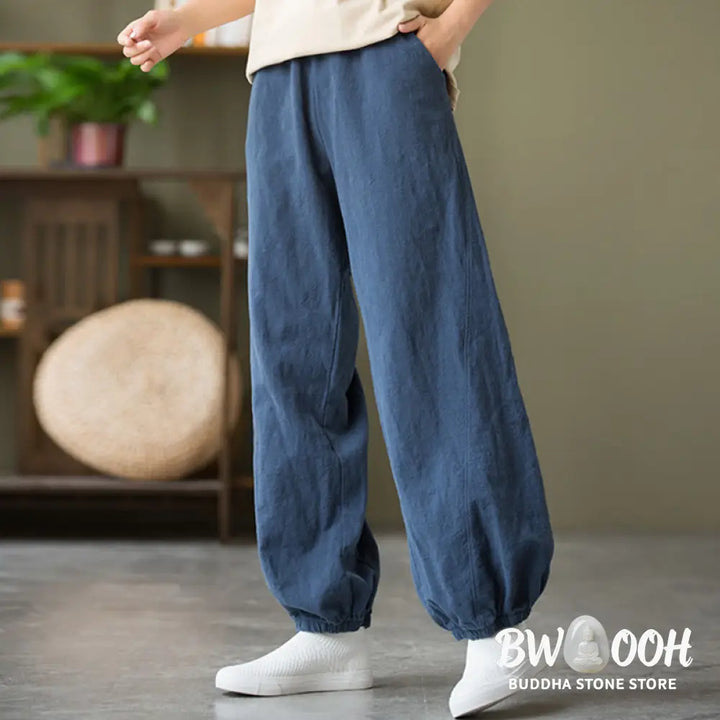 Buddha Stones Plain Color Ramie Linen Cotton Pants With Pockets - Women’s Pants