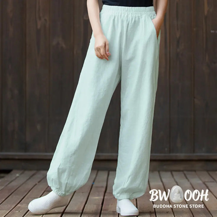 Buddha Stones Plain Color Ramie Linen Cotton Pants With Pockets - Women’s Pants