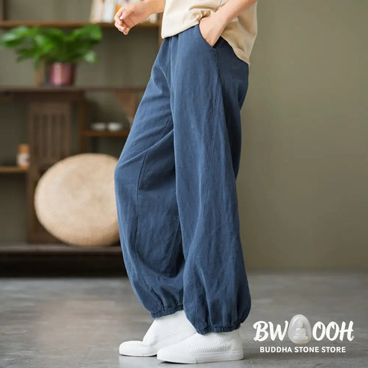 Buddha Stones Plain Color Ramie Linen Cotton Pants With Pockets - Women’s Pants