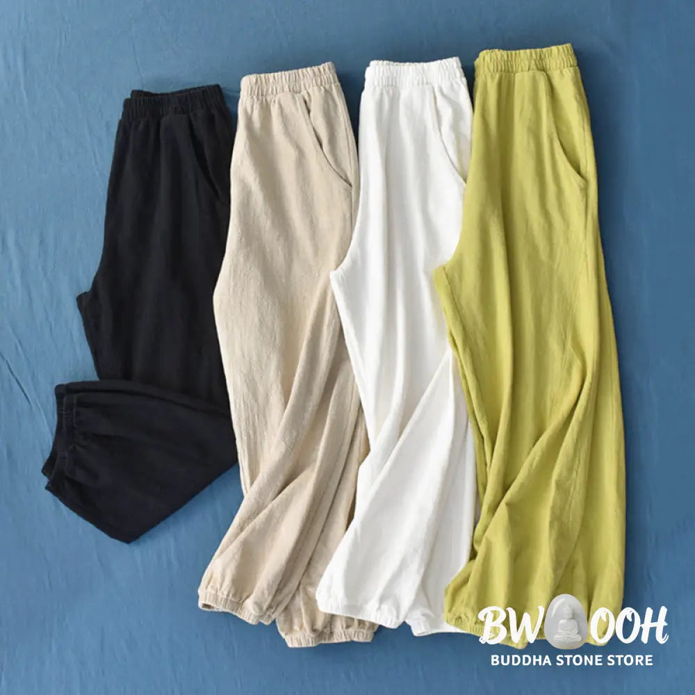 Buddha Stones Plain Color Ramie Linen Cotton Pants With Pockets - Women’s Pants