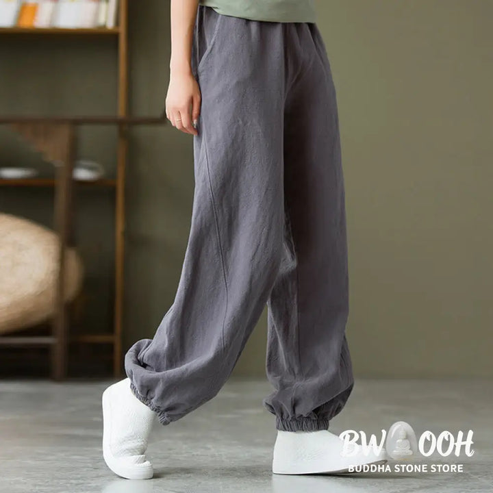 Buddha Stones Plain Color Ramie Linen Cotton Pants With Pockets - Women’s Pants