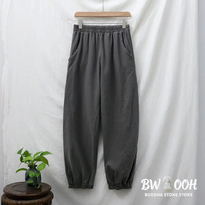 Buddha Stones Plain Color Ramie Linen Cotton Pants With Pockets - Women’s Pants