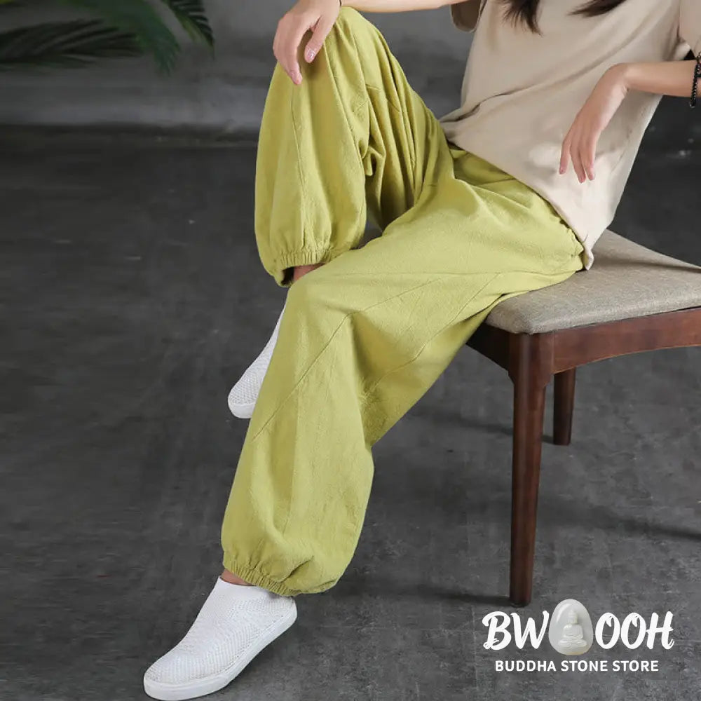 Buddha Stones Plain Color Ramie Linen Cotton Pants With Pockets - Women’s Pants