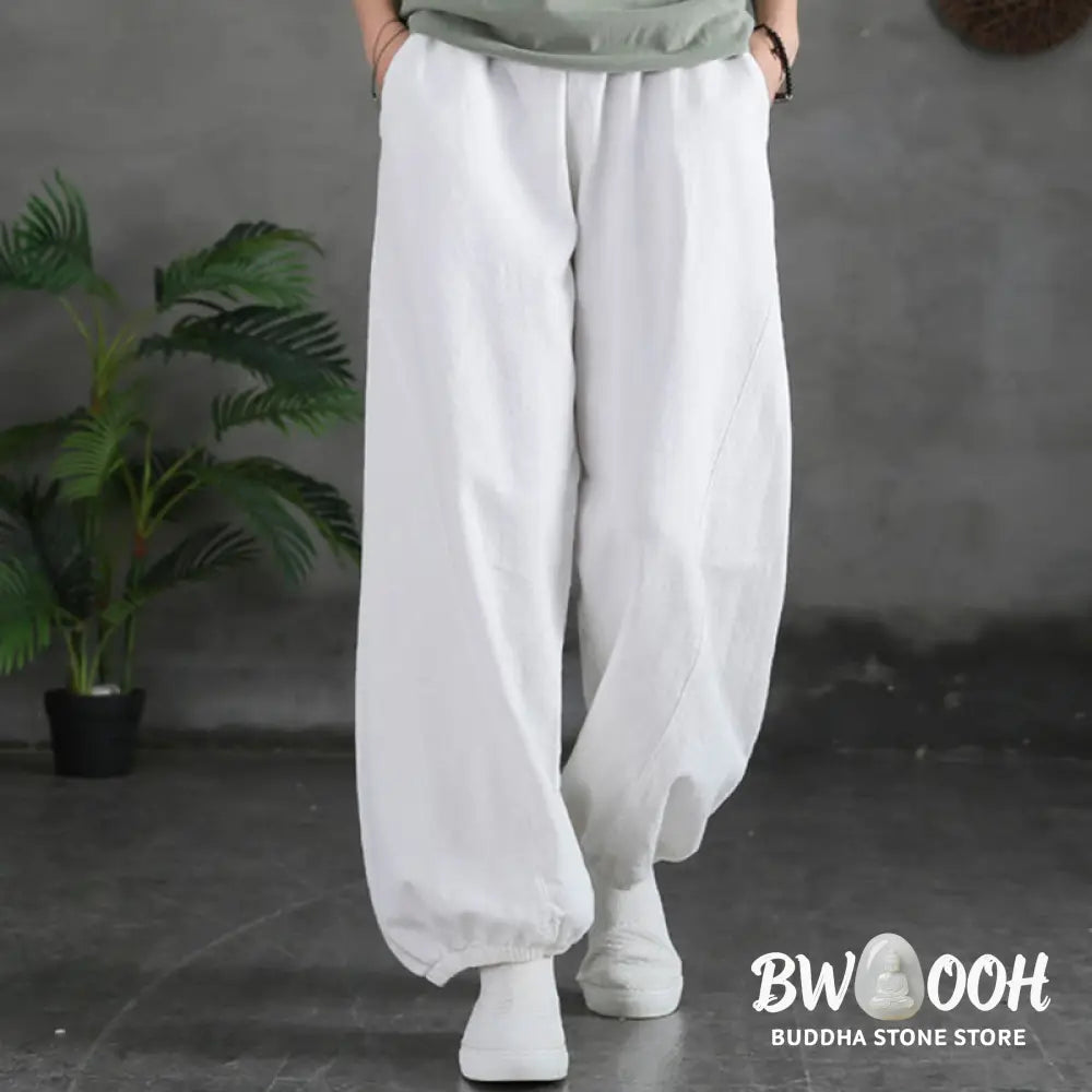Buddha Stones Plain Color Ramie Linen Cotton Pants With Pockets - Women’s Pants