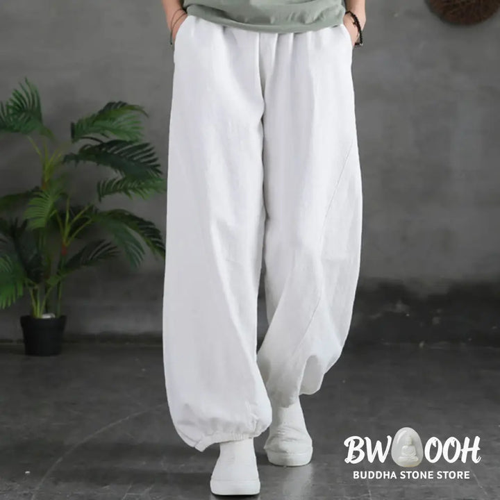 Buddha Stones Plain Color Ramie Linen Cotton Pants With Pockets - Women’s Pants