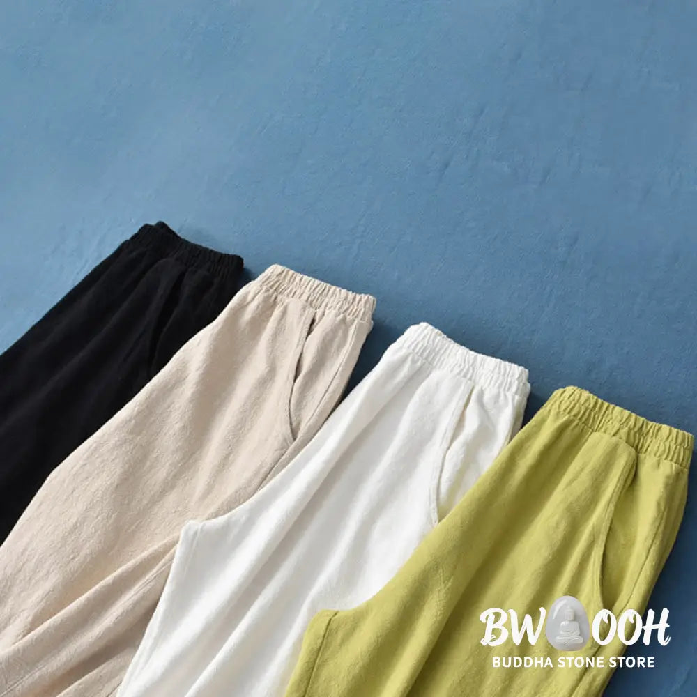 Buddha Stones Plain Color Ramie Linen Cotton Pants With Pockets - Women’s Pants