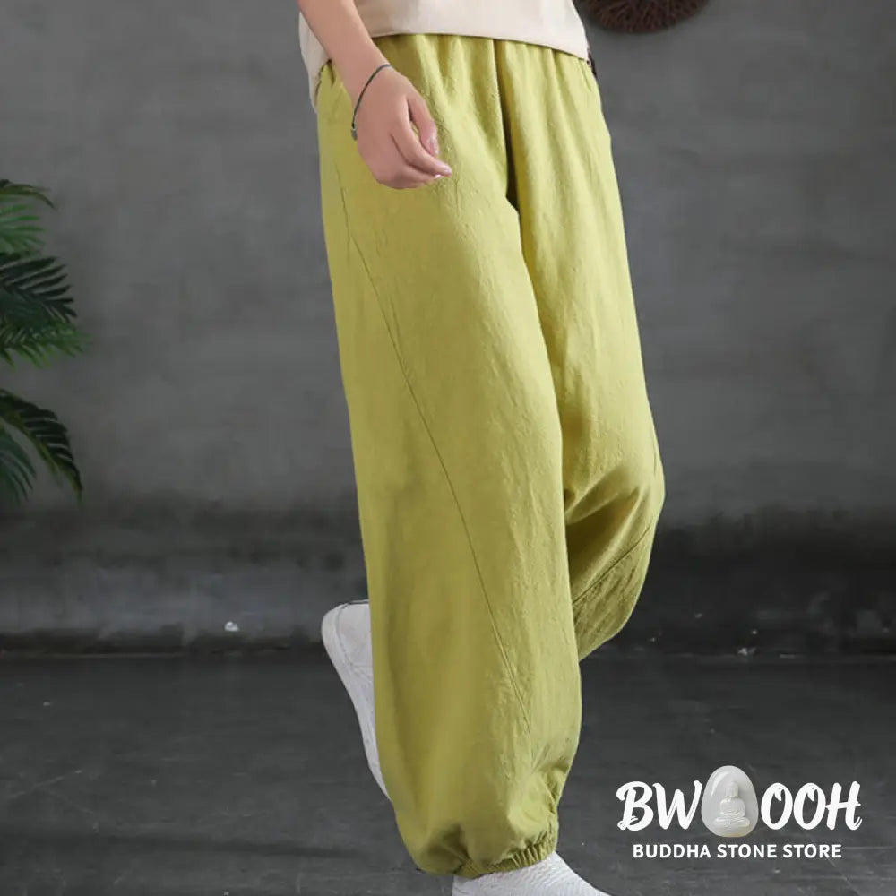Buddha Stones Plain Color Ramie Linen Cotton Pants With Pockets - Women’s Pants