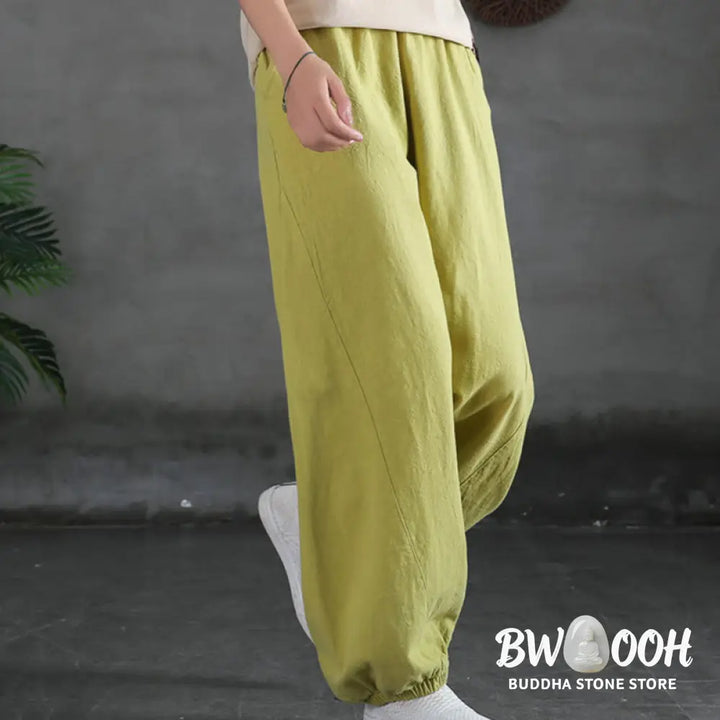 Buddha Stones Plain Color Ramie Linen Cotton Pants With Pockets - Women’s Pants