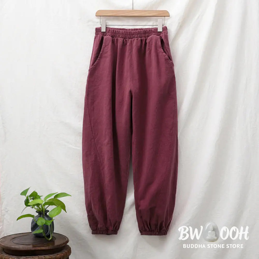 Buddha Stones Plain Color Ramie Linen Cotton Pants With Pockets - Women’s Pants