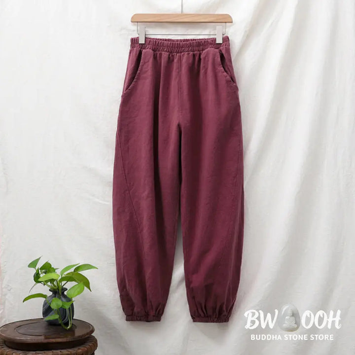 Buddha Stones Plain Color Ramie Linen Cotton Pants With Pockets - Women’s Pants