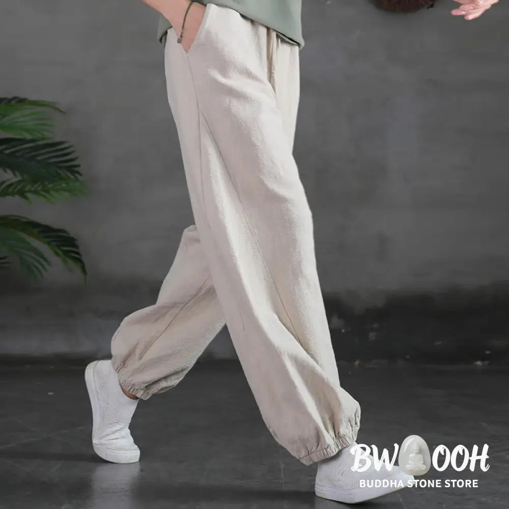 Buddha Stones Plain Color Ramie Linen Cotton Pants With Pockets - Women’s Pants