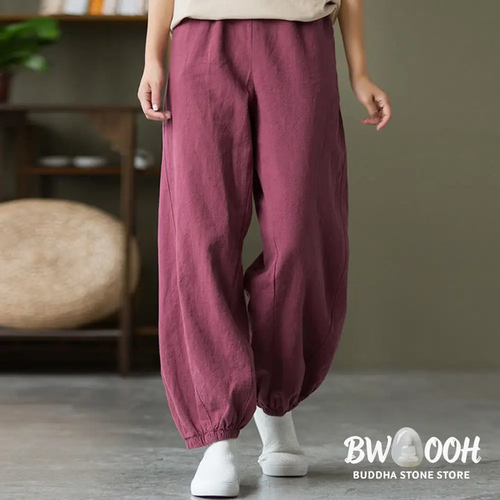 Buddha Stones Plain Color Ramie Linen Cotton Pants With Pockets - Women’s Pants