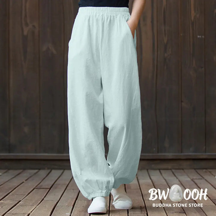 Buddha Stones Plain Color Ramie Linen Cotton Pants With Pockets - Women’s Pants