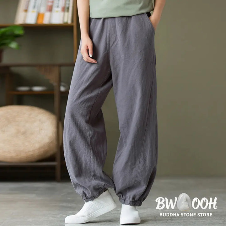 Buddha Stones Plain Color Ramie Linen Cotton Pants With Pockets - Women’s Pants