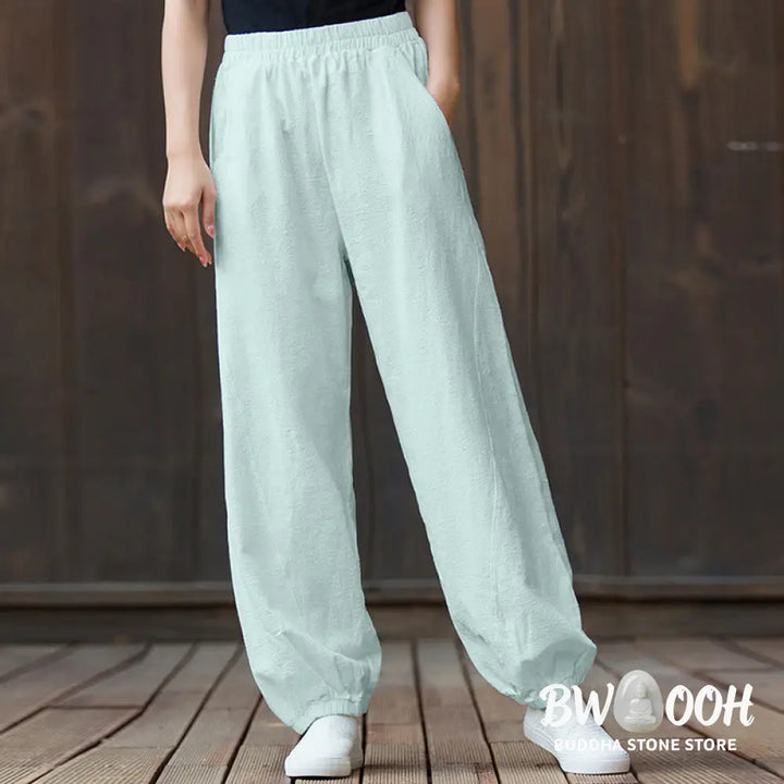 Buddha Stones Plain Color Ramie Linen Cotton Pants With Pockets - Women’s Pants