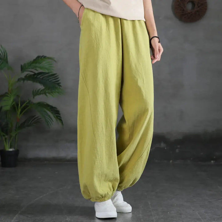 Buddha Stones Plain Color Ramie Linen Cotton Pants With Pockets - YellowGreen / US2，UK/AU6，EU34 (S) - Women’s Pants