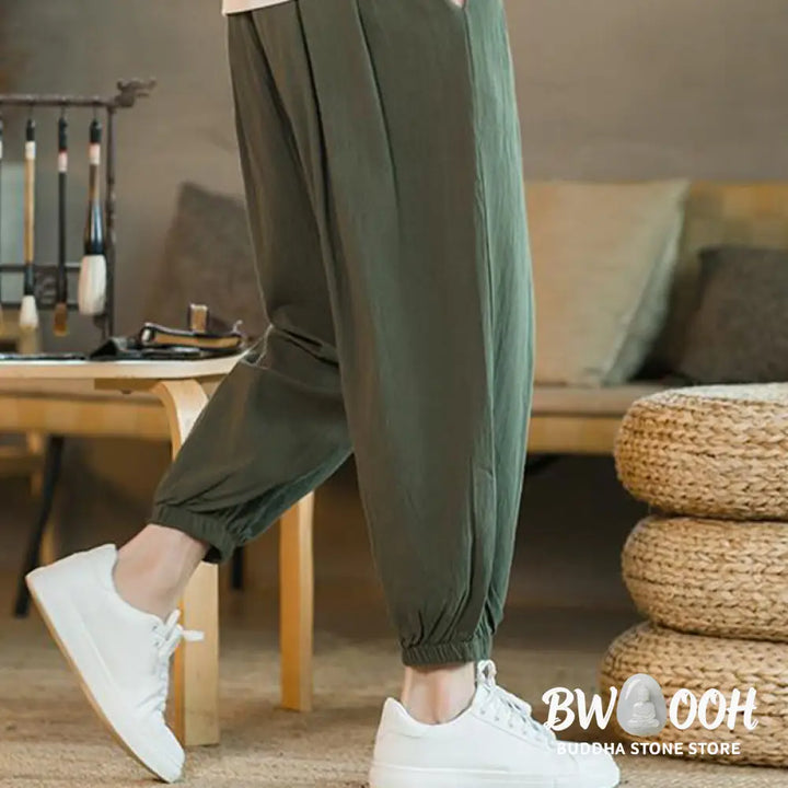 Buddha Stones Plain Color Red Drawstring Linen Men’s Pants With Pockets - Men’s Pants