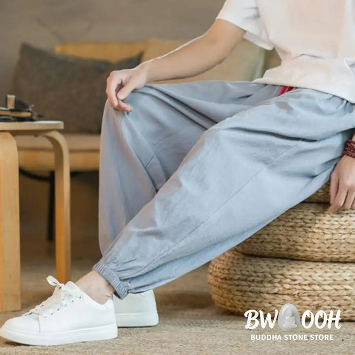 Buddha Stones Plain Color Red Drawstring Linen Men’s Pants With Pockets - Men’s Pants