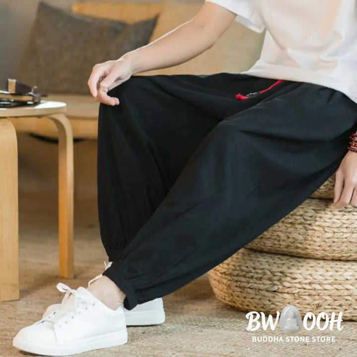 Buddha Stones Plain Color Red Drawstring Linen Men’s Pants With Pockets - Men’s Pants
