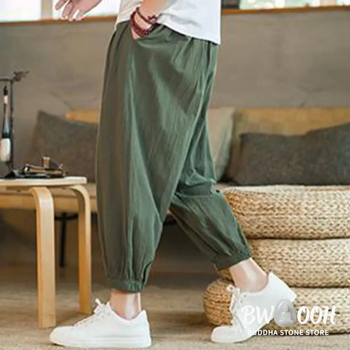 Buddha Stones Plain Color Red Drawstring Linen Men’s Pants With Pockets - Men’s Pants