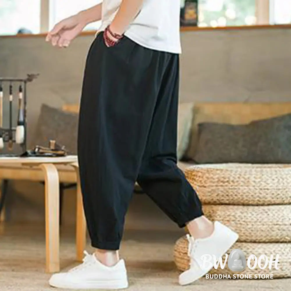 Buddha Stones Plain Color Red Drawstring Linen Men’s Pants With Pockets - Men’s Pants
