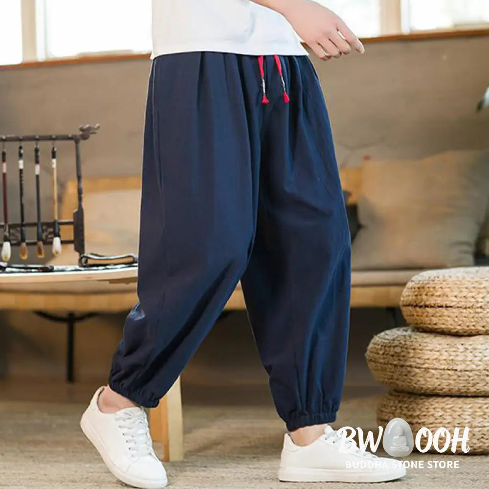 Buddha Stones Plain Color Red Drawstring Linen Men’s Pants With Pockets - Men’s Pants