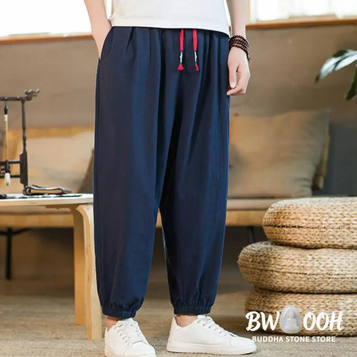 Buddha Stones Plain Color Red Drawstring Linen Men’s Pants With Pockets - Men’s Pants