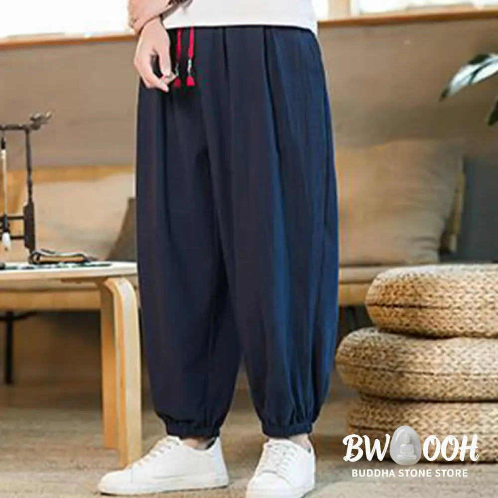 Buddha Stones Plain Color Red Drawstring Linen Men’s Pants With Pockets - Men’s Pants