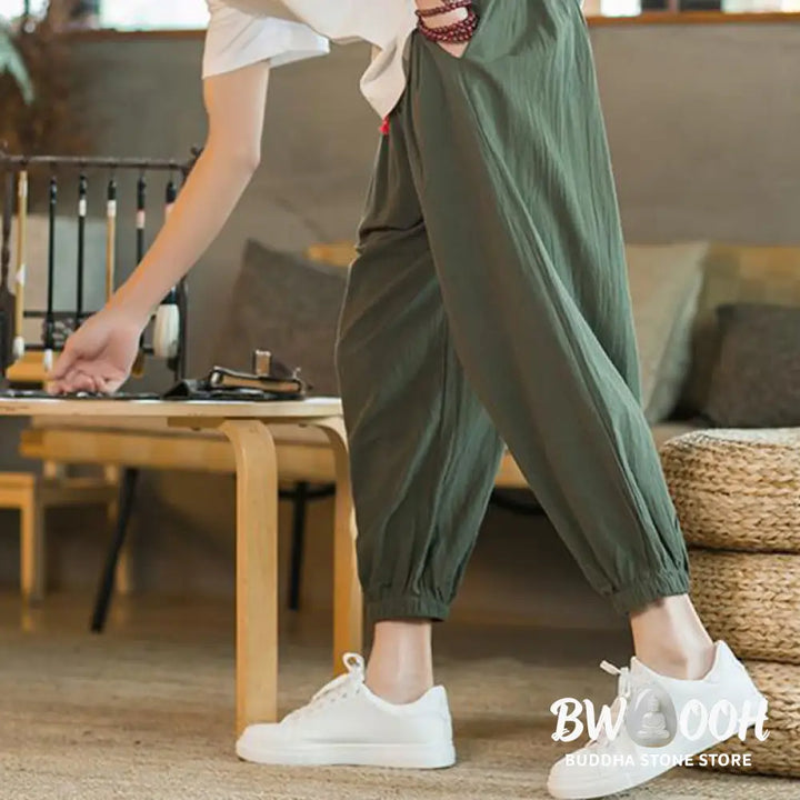 Buddha Stones Plain Color Red Drawstring Linen Men’s Pants With Pockets - Men’s Pants