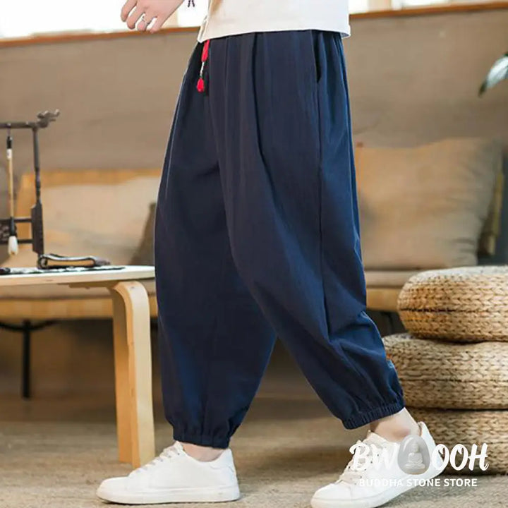 Buddha Stones Plain Color Red Drawstring Linen Men’s Pants With Pockets - Men’s Pants