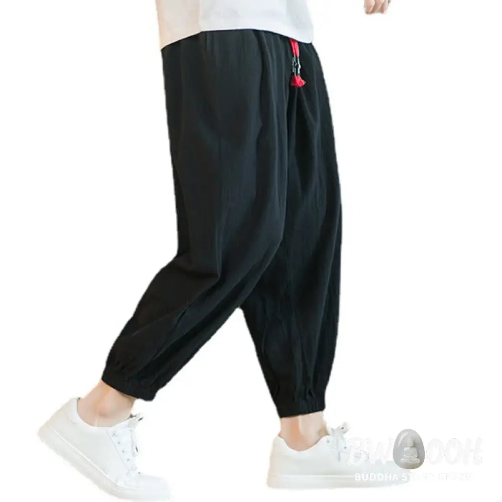 Buddha Stones Plain Color Red Drawstring Linen Men’s Pants With Pockets - Men’s Pants