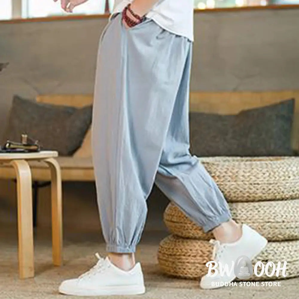 Buddha Stones Plain Color Red Drawstring Linen Men’s Pants With Pockets - Men’s Pants